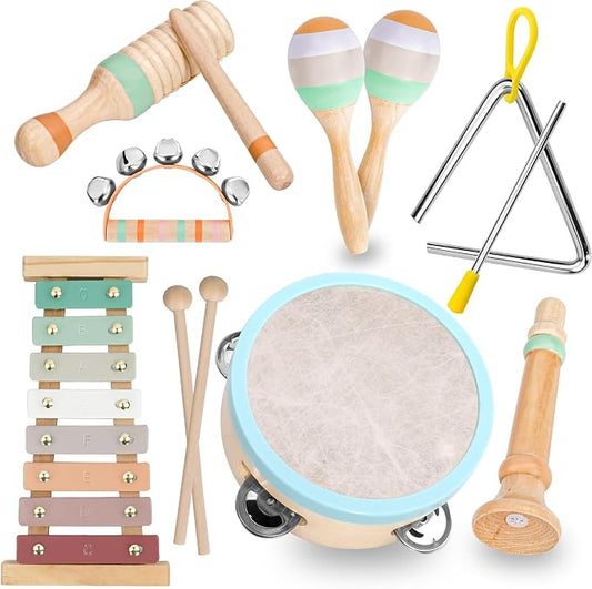 Raimy Kids Musical Instruments Set, Neutral Colors Wooden Montessori Toys | Percussion Instruments Set with Modern Boho Xylophone | Birthday Gifts for Baby Toddlers Boys Girls with Storage Bag