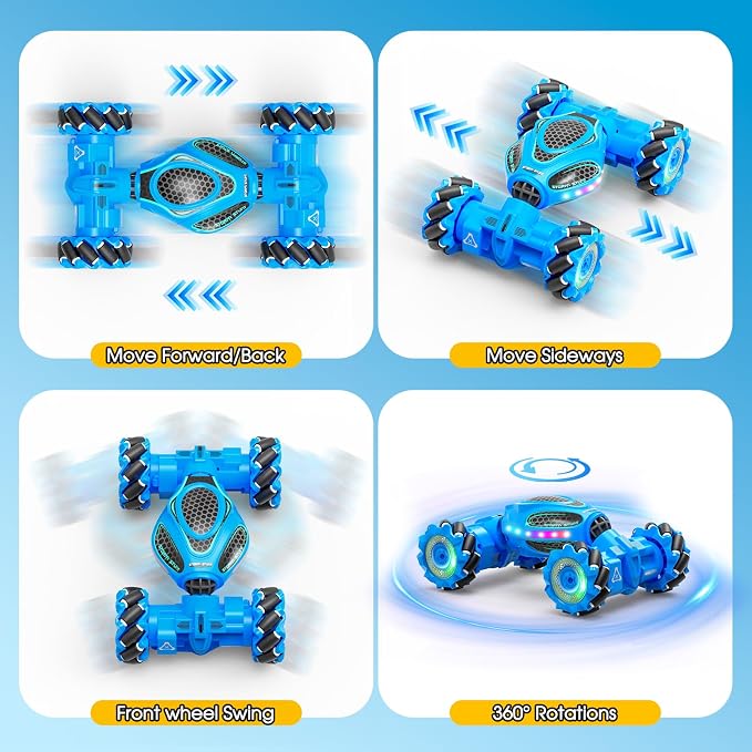 Gesture Sensing RC Stunt Car - Boys Toys Age 6-12, 4WD Hand Controlled Remote Control Drift Twist Offroad 360° Rotation Car with Light & Music, Cool Birthday Presents and Ideas Gifts for Kids Blue