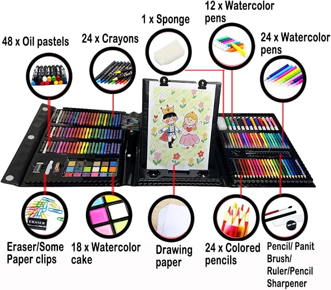 DLUCKY 208 PCS Art Supplies, Drawing Art Kit Adults Art Set with Double Sided Trifold Easel, Oil Pastels, Crayons, Colored Pencils, Watercolor Pens Gift for Girls Boys Artist,Black