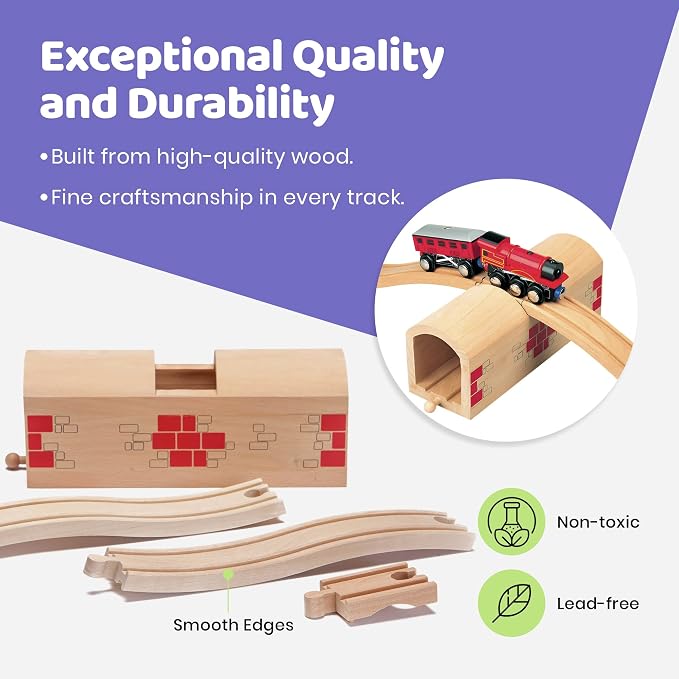 maxim enterprise, inc. Wooden Train Track Over & Under Tunnel Bridge & Easy-Connect Railway, Hardwood Train Set Compatible with Thomas and Friends, BRIO, Major Brand Wooden Train Sets and Accessories