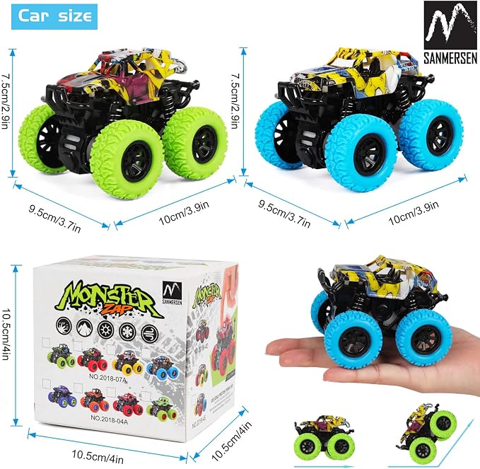 M SANMERSEN Monster Truck Toys for Kids, Friction Cars for Toddlers Push and Go 360° Rotating Stunt Car for 3+ Year Old Boys Girls Gifts (2 Pack - Blue and Green)