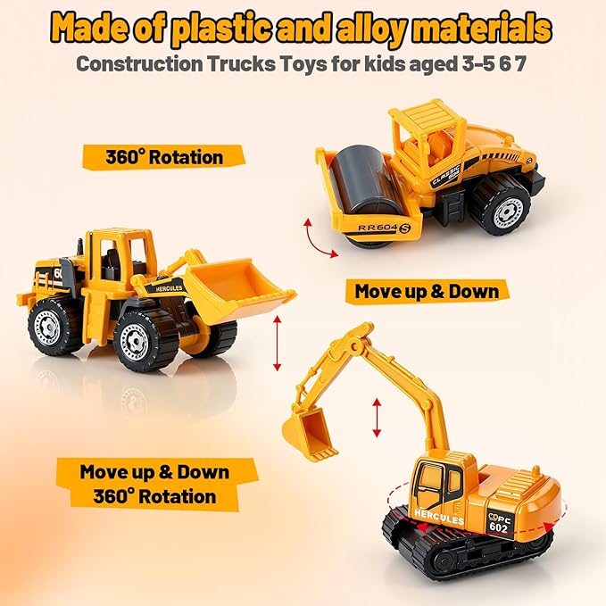 6 Pack Diecast Construction Toys, Mini Excavator Toy Alloy Construction Truck Model Set for Boys Age 3 4 5 6 7 Years Old, Kids Toddlers Birthday Gift & Party Favors