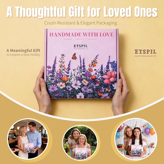 ETSPIL Embroidery Kit for Beginners, Magnetic Needle Minder & 4K Video Tutorials, Pre-Printed Floral Patterns, Bound Guide, Relaxing Screen-Free Craft for Women at Home