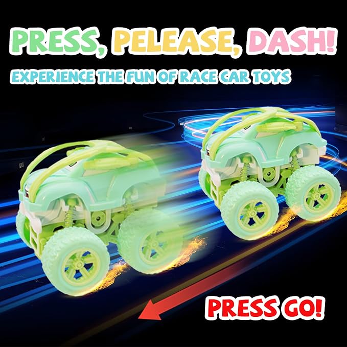 Monster Truck for Boys 3 4 5 6 7 Year Old,4 Pack Push and Go Friction Powered Car Toys, Double-Directions Inertia Pull Back Vehicle Set,Birthday Party Gift for Kids (Type_E)