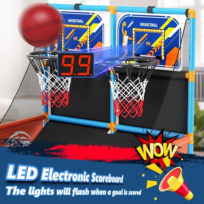 Dual Shot Arcade Basketball Game Set Boy Toys:Kids Basketball Hoop with 6 Balls Electronic Scoreboard LED Light Indoor Outdoor Sports Toy Activities for Boys Girls Birthday Gifts Aged 3-5 6-8 8-12