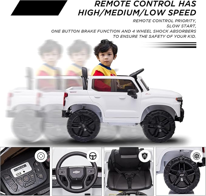 12V Ride on Car with R/C, Battery Powered Licensed Chevrolet Silverado GMC Kids Ride On Truck, Toddler Electric Vehicles Toys, MP3 Music,FM Radio,Bluetooth, Spring Suspension, LED Light (White one)