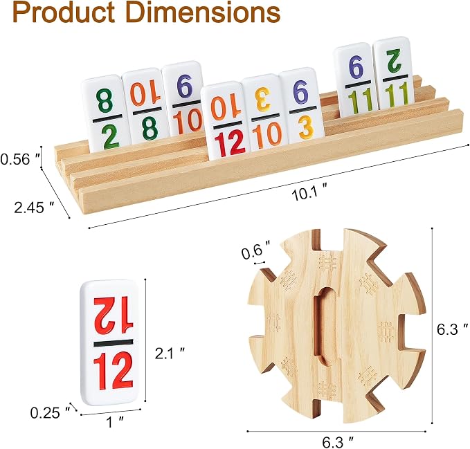 ELONGDI Mexican Train Dominoes Set with 4 Wooden Trays/Racks and Portable Carrying Case,Travel Colorful Double 12 Dominoes - 91 Numbered Tiles,for Kids and Adults