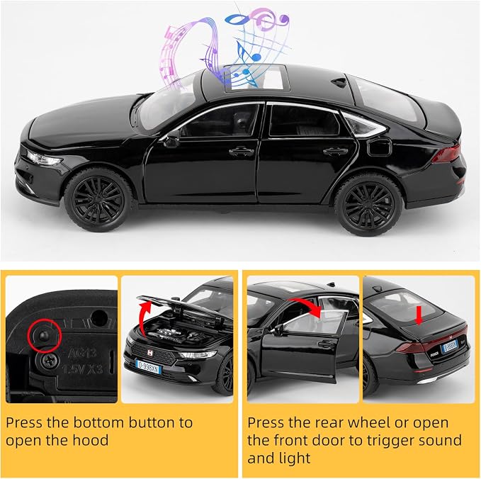 Collectible Toy Car Vehicle, 1:32 Scale Diecast Car Model with Lights and Sound, Alloy Pull Back Car for Kids Adults Birthday Gift (Black)