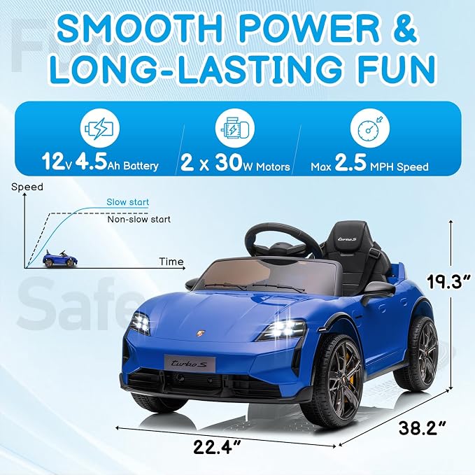 Winado 12V Kids Ride on Car, Licensed Porsche Taycan Electric Car for Toddlers, Battery Powered Ride on Vehicle W/Remote Control, with Bluetooth, 3 Speeds, LED & Rear Lights, Music & Horn (Blue)