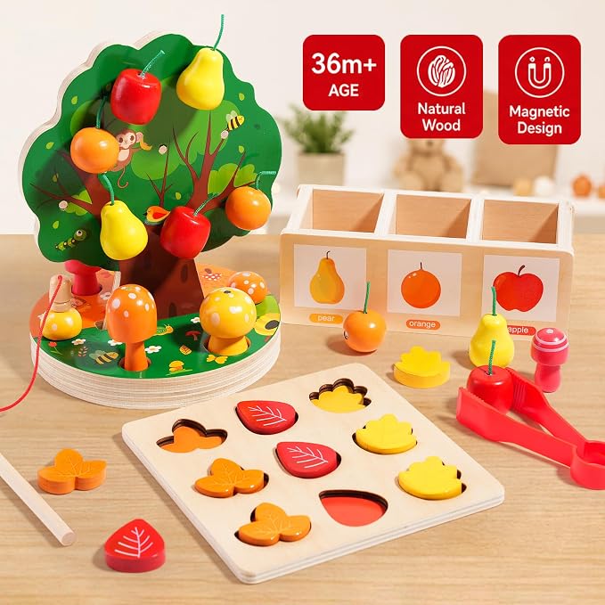 INIFEIDALA Montessori Toys for 3 4 5 6 Year Old - Wooden Educational Toy for Toddlers,Shape Sorting Puzzle for Fine Motor Skills,Apple Picking Magnetic Tree Toy,Hand-Eye Coordination,Color Recognition
