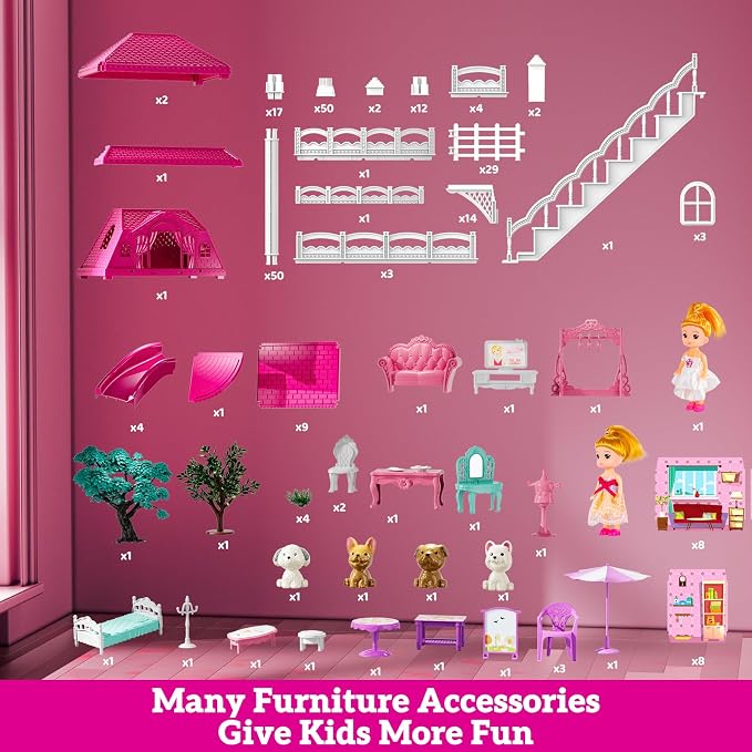 JUKUDAHU Villa Playset for Girls Ages 3-7, 3-Story 8 Room House with 2 Dolls, Furniture and Accessories, Indoor Playset Girls Toys for Ages 6-8, Pretend Toddler Toy, Birthday Gifts for Kids 4-8