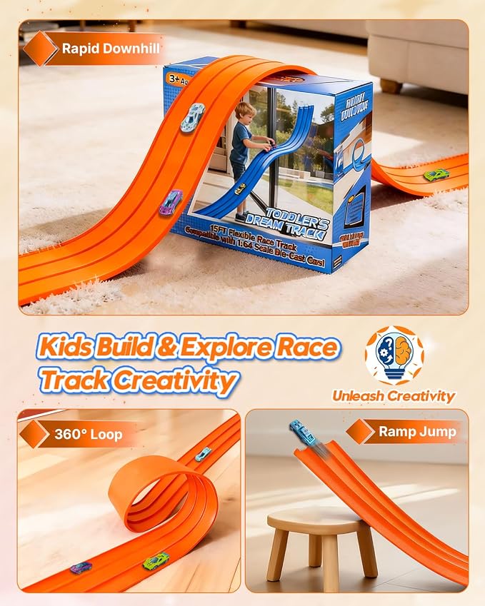 3-Lane Flex Track 15 Ft Flex Race Car Track with 6 Toy Cars,Portable DIY Racetrack Compatible Diecast 1/64th Cars for Ages 3 Up,Birthday Gifts for Boys(Orange)