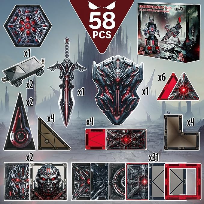 Little Pi ShadowBots Magnetic Tiles 58 PCS | Transform Robot Villain Building Set with Sword & Shield | STEM Toys for Kids Age 3 4 5 6 7 8