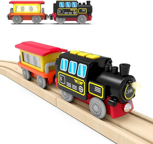 Motorized Train for Wooden Track – Black & Red Steam Locomotive with Flashing Carriage that Reveals Passenger Images, Lights & Sounds, Compatible with Thomas & Brio, Gift for Toddlers 3+