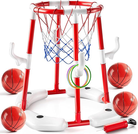 JUKUDAHU Swimming Pool Basketball Hoop Toy for Kids 2 3 4 5 6 Years Old - Floating Pool Basketball Game Toys with 4 Balls Air-Pump, Outdoor Play, Poolside Summer Water for Boys Girls Age 4-8-12 (Red)