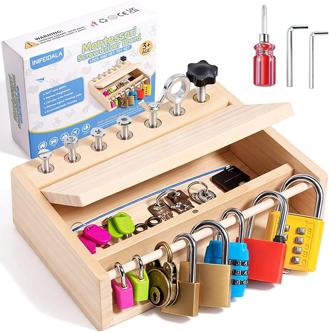INIFEIDALA Montessori Toys for 3 4 5 Year Old,Montessori Screwdriver Board Set-Lock and Key Toy,Kids Tool Set,Preschool Learning Sensory Activities - Fine Motor Skills - STEM Toys