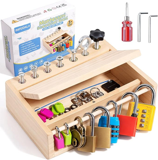 INIFEIDALA Montessori Toys for 3 4 5 Year Old,Montessori Screwdriver Board Set-Lock and Key Toy,Kids Tool Set,Preschool Learning Sensory Activities - Fine Motor Skills - STEM Toys