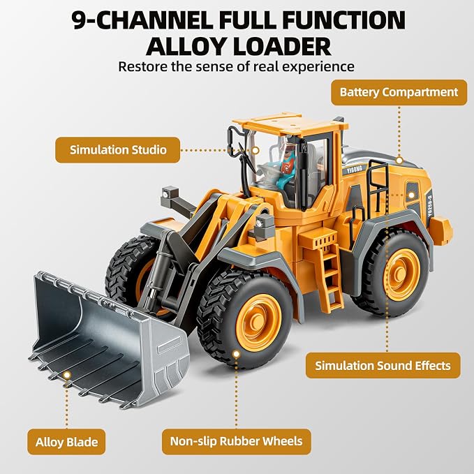 Metal RC Wheel Loader, 9-Channel Remote Control Construction Truck with Realistic Lights & Sounds, 1:20 Scale Rechargeable Engineering Toy for Boys Age 3-12, STEM Educational Gift