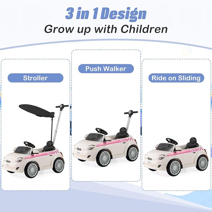 OLAKIDS Push Car for Toddlers, 3 in 1 Licensed Fiat 500e Baby Sliding Walking with Parent Control Handle Adjustable Canopy Footrest, Kids Ride on Toys with Horn for Boys Girls (White)