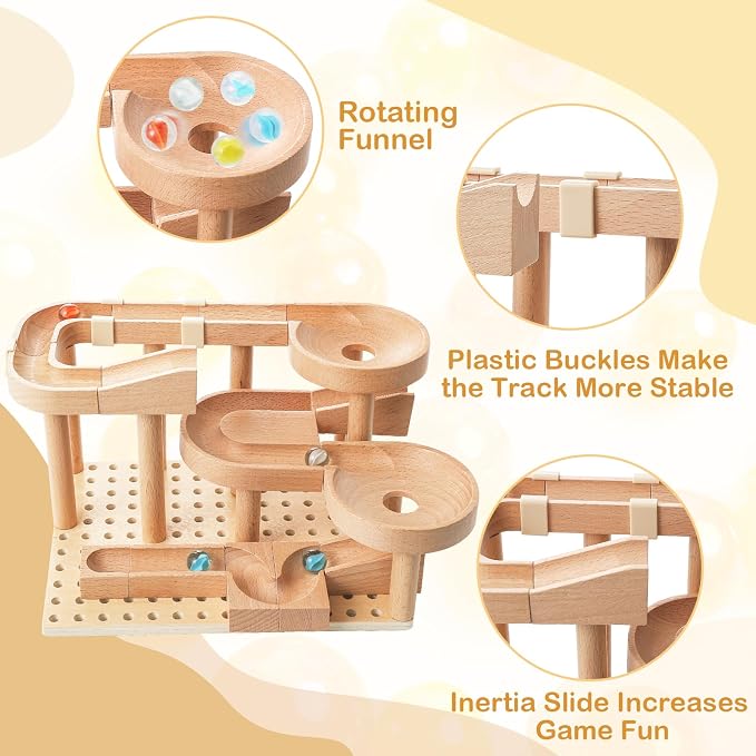 Wooden Marble Runs for Kids 4-8, 38 Pcs Marble Rush Track Maze Construction Play Set, STEM Learning Toys, Wood Building Blocks Toys, Gift for Boys & Girls