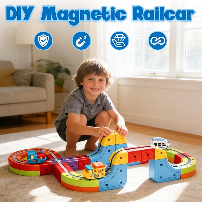 Electric Magnetic Train Toys Set- Flexible Race Track for Kids 3 4 5 6 7 8,stem Gravity Magnetic Roller Car Track for Toddlers,3D Infinity Cube Track Learning Gift Anti-Gravity Design,48 Pcs/1 car