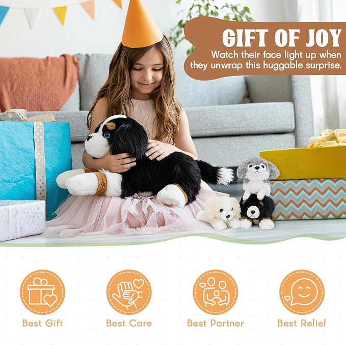 Tezituor Dog Stuffed Animal,26 Inch Border Collie Plush Toys Set with 3 Puppies,Realistic Mommy Dog Plush,4PCS Black White Puppy Plushies,Soft Dog Plush Gift for Girls Boys Kids Birthday Christmas