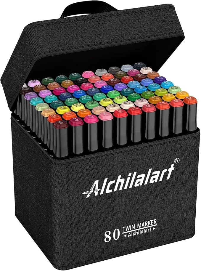 alchilalart 80-Colors Alcohol Markers Set, Dual Tip Art Markers with Case, Premium Artist Pens for Adult Coloring Books, Journaling, Sketching, Manga, Card Making, Gifts for Teens & Women