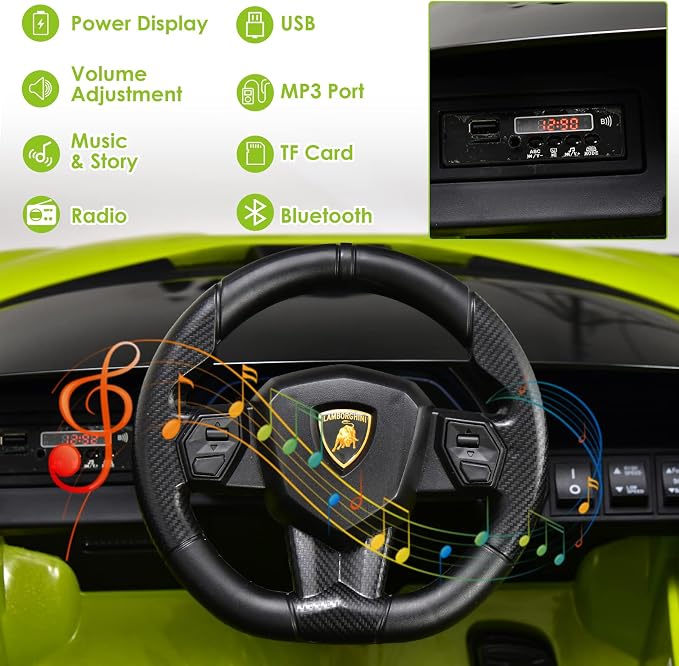 OLAKIDS Kids 12V Licensed Lamborghini SIAN Ride On Car, Electric Vehicle for Toddler with Control Remote, Battery Powered Toy with Music, Horn, 2 Speeds, Suspension, LED Lights, Bluetooth, USB (Green)