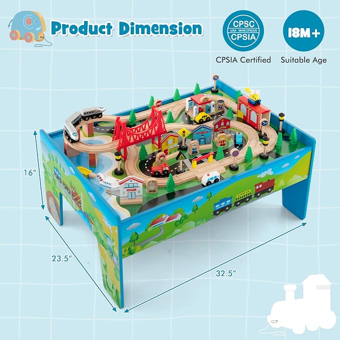 HONEY JOY Train Table, Wooden Kids Activity Table w/ 80 Multicolor Pieces, Tracks, Trains, Cars, Toddler Toy Train Table Set w/Reversible Tabletop, Gift for Boys Girls Ages 18 Months+ (Blue)