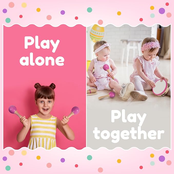 Stoie’s Pink Wooden Musical Instruments for Toddlers Ages 3+, Montessori Music Toy Set with Xylophone, Tambourine, Maracas & Triangle, Educational Preschool Toys for Girls & Boys