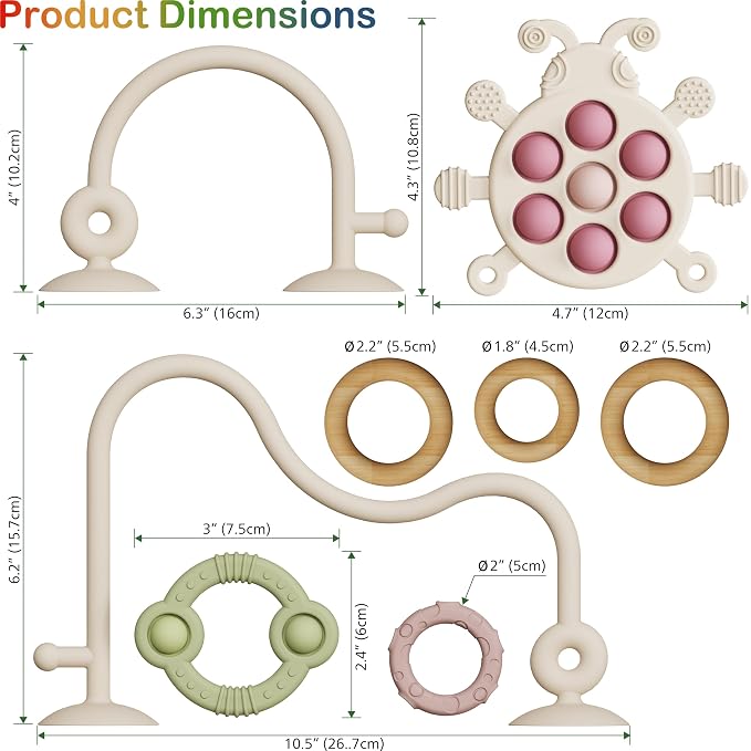 Baby Montessori Toy, High Chair Suction Cup Toy and Teething toy Set - Table Toy & Pop-it Fidget Teether for 6+ Months 1 2 3 Years, BPA Free Silicone Sensory Toys for Baby and Toddler (Beige)