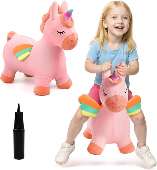 Bouncy Hopper Horse Unicorn Toys, Inflatable Bouncing Animal Hopping Toys, Outdoor Indoor Ride on Bouncer, Boys Girls Birthday Gift for 18 Month 2 3 4 5 6 Year Old Kid- Plush Unicorn Toy