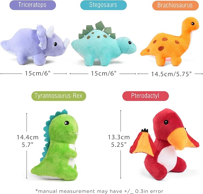 BenBen Dinosaur Stuffed Animals, 5 Small Dinosaur Plush Dolls and Egg Bag Toys Set, Dino Plushies, Cute Stuff for Kids Girls Boys, Baby Shower, Easter Basket Stuffers