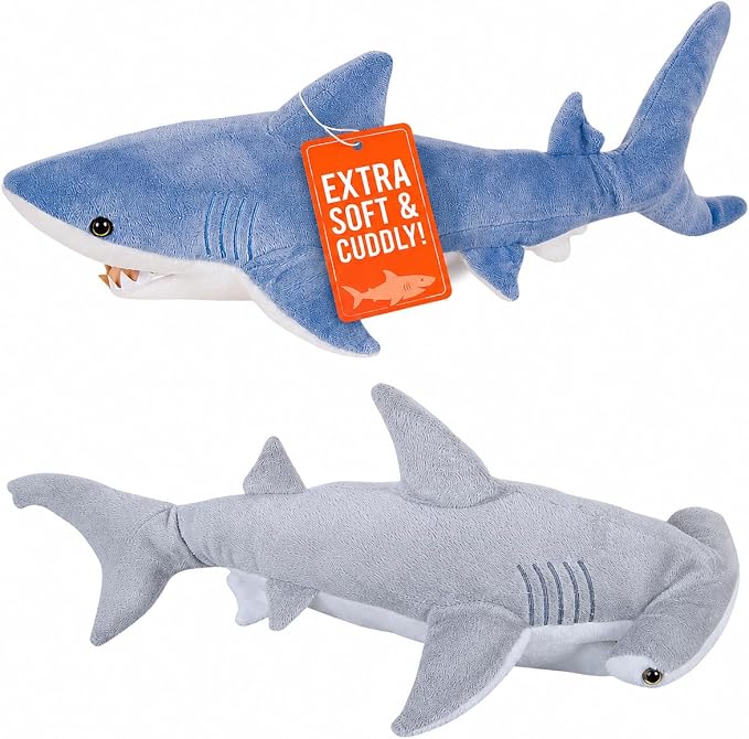 Bedwina Stuffed Animal Sharks - Pack of 2 Extra-Large, 20 inch Mako & Hammerhead Plush Shark Toys, Stuff Animals Toy, for Baby Toddlers & Kids