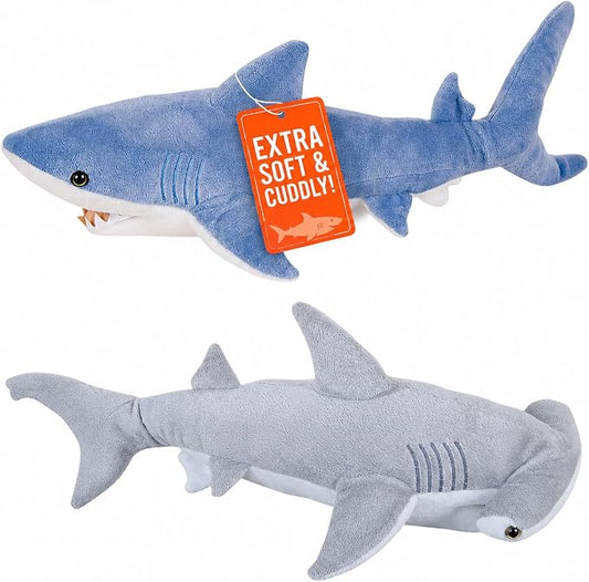 Bedwina Stuffed Animal Sharks - Pack of 2 Extra-Large, 20 inch Mako & Hammerhead Plush Shark Toys, Stuff Animals Toy, for Baby Toddlers & Kids
