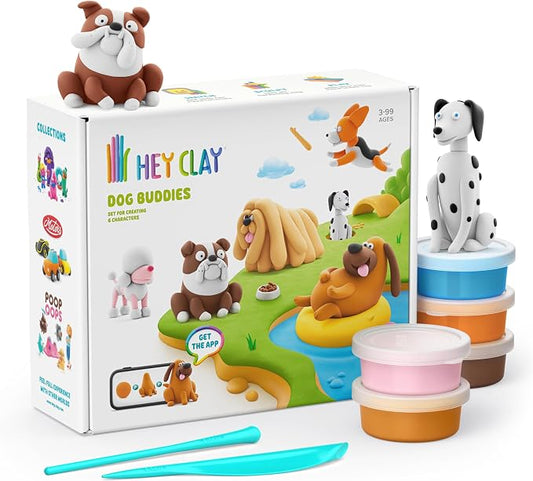 Hey Clay 15 Cans Set - Colourful Modelling Kids Air-Dry Clay 15 Cans with Sculpting Tools and Fun Interactive Instructions for Children Age 3+ (Dog Buddies)