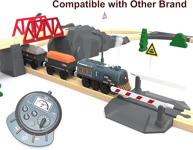 Remote Control Steam Train for Wooden Tracks – RC Train Set with Realistic Smoke, Lights & Sound, Motorized Toy Train Compatible with Thomas & Friends, Brio, for Kids Ages 3-8