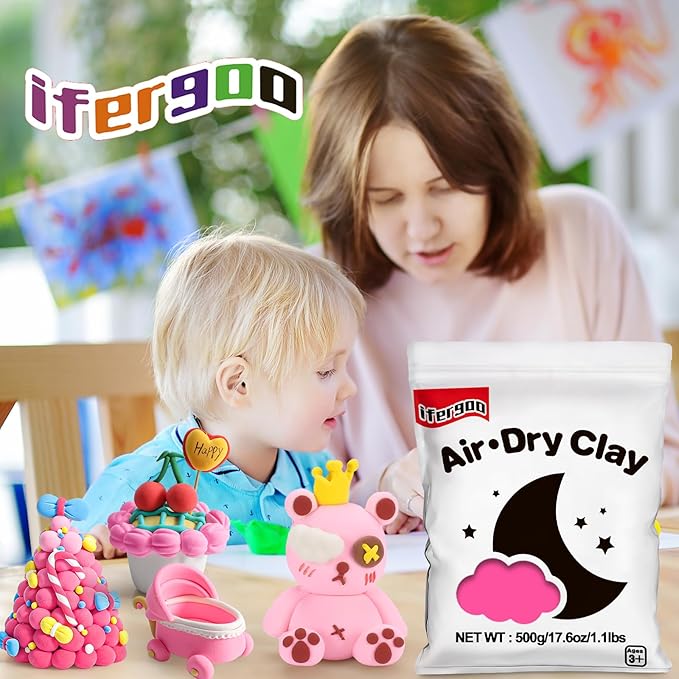 ifergoo Pink Air Dry Clay - Moldable Cosplay, DIY Creative Modeling Clay for School Arts & Craft Project, Fake Bake, Slime Supplies, Super Light Magic Foam Molding Clay, Soft, No-Sticky, 1.1LBS/500G