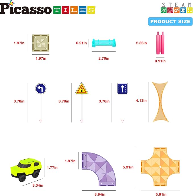 PicassoTiles Race Car Track Magnetic Tiles Travel Toy Sensory Magnet Tile Toys for Toddlers STEM Educational Learning Montessori Play Construction Building Blocks Kids Boys Girls Ages 3+ PTMR40