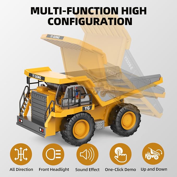 9-Channel RC Dump Truck Toy, 2.4GHz Remote Control Truck with Metal Bed, Light & Sound, 2 Rechargeable Batteries, Construction Vehicle for Kids Boys Girls Ages 3-12