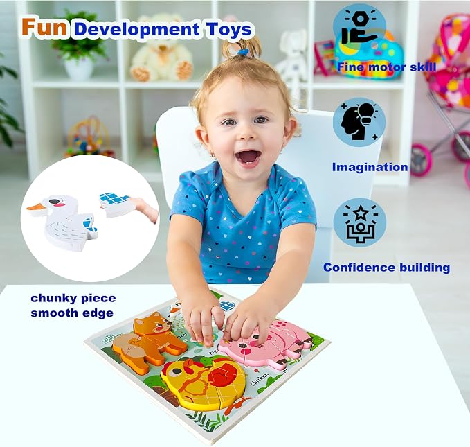 Learning Farm Animal Jigsaw Puzzles for Toddlers, Gifts for 2 3 Years Old Girls Boys,Wooden Montessori Puzzle 2-4, Toddler Toys Educational Toys Kids Ages 1-3