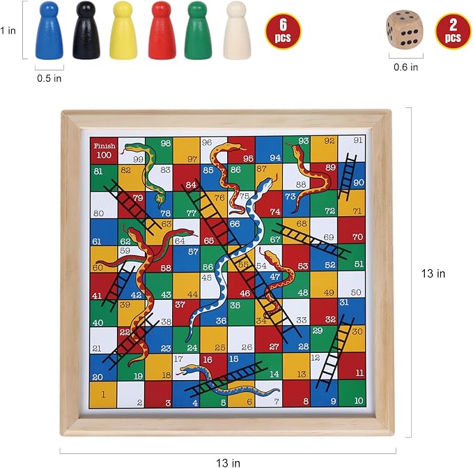 Gothink Wooden Snakes and Ladders Game - 13 Inch Educational Board Game for Children Ages 3 and Up & Adults - Classic Board Game Includes 6 Counters & 2 Dice, Rules