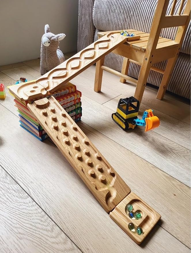 Wooden Marble Run Track Set of 2 – Montessori STEM Toy for Kids –Race Machine & Maze Board – Educational Wooden Roller Track Game – Rocks & Whirlpool Run Gift for Children