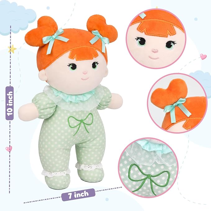 Soft Baby Doll My First Baby Rag Dolls for Kids,Snuggle Buddy Toys for 1 Year Old Girl,Birthday Gifts for Girls Infants 10"(Green)