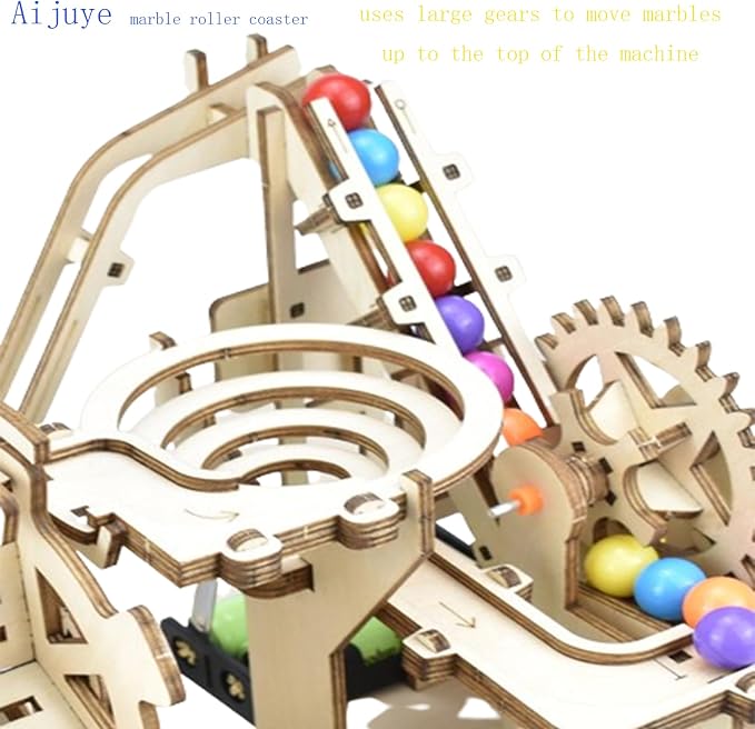 3D Wooden Roller Coaster Puzzle Motorized Marble Run Construction Kit with Gears and Tracks Mechanical Model Kit Laser Cut Wooden Pieces (Ages 14+)