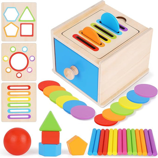 FCSONU Toddler Montessori Toys for 1 2 3 Year Old, 3in1 Shape Sorter For Toddlers 1-3 Fine Motor Skills Toys, Drawer Coin Box Color Sorting Toys Sensory Toys, Christmas Birthday Gifts for Boy Girl Kid