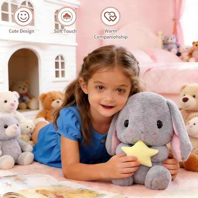 HOUPU Soft Toy - Sitting Lop Eared Rabbit, Easter White Rabbit Stuffed Bunny Animal with Carrot Soft Lovely Realistic Long-Eared Standing Pink Plush Toys (Gray-Star,8.6in/22cm)