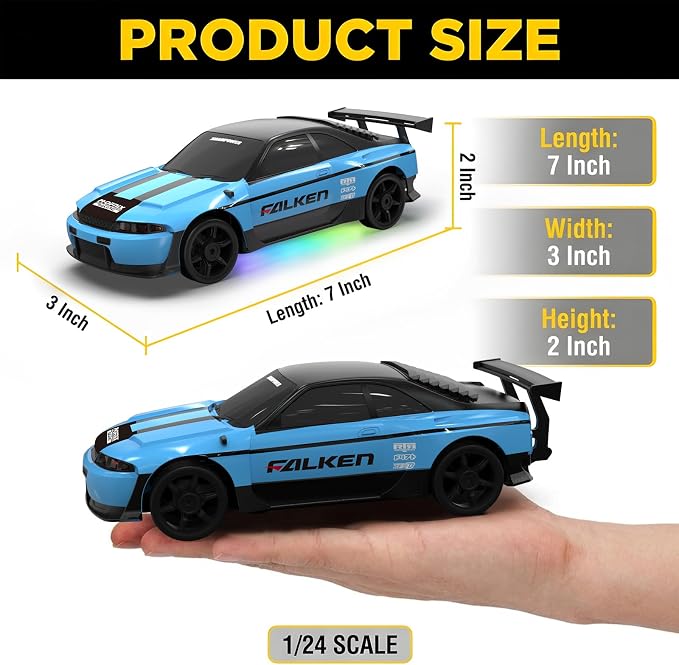 RC Drift Car 1:24 Remote Control Car 4WD 15KM/H High Speed Racing Sport Car with LED Lights RC Cars Toy for Kids Boys Girls Adults Gifts Birthday Christmas Rechargeable Batteries
