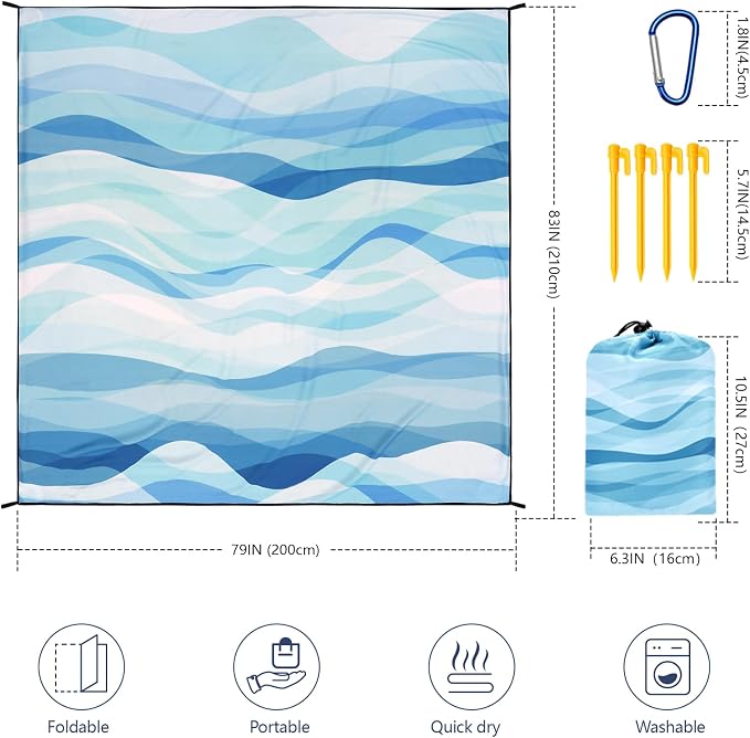 AISPARKY Beach Blanket Waterproof Sandproof Extra Large, Oversized Beach Mat, Quick Drying&Compact&Lightweight, Picnic Blankets Vacation Essentials for Outdoor Beach Camping (79" X 83" (4 Person))