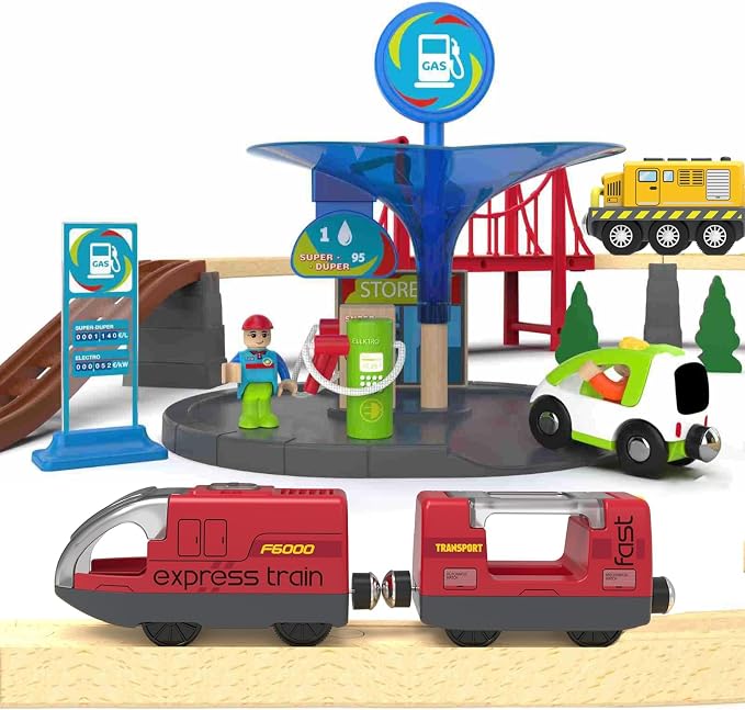 TOPLIVING Motorised Wooden Rail Train, Remote Control Train with Magnetic Connection, Battery Operated Locomotive Trains for Toddlers, Compatible with Thomas, Brio, Chuggington (Red)